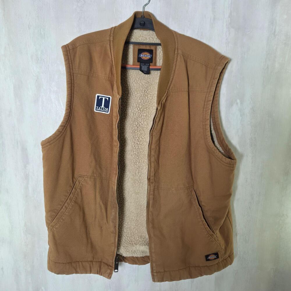 Dickies Vest Mens Large Brown Canvas Sherpa Lined Insulated Workwear Zip